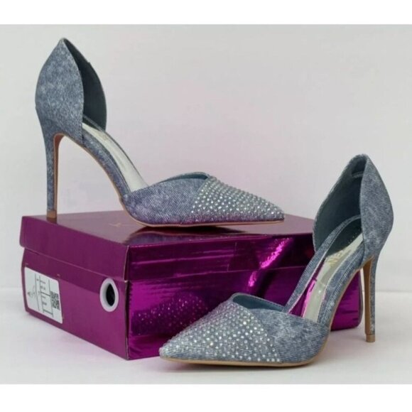 KAYLEEN / Net-26 / Blue Deni /  Rhinestone / Pointed-Toe Pumps / With High Stile - Picture 7 of 8